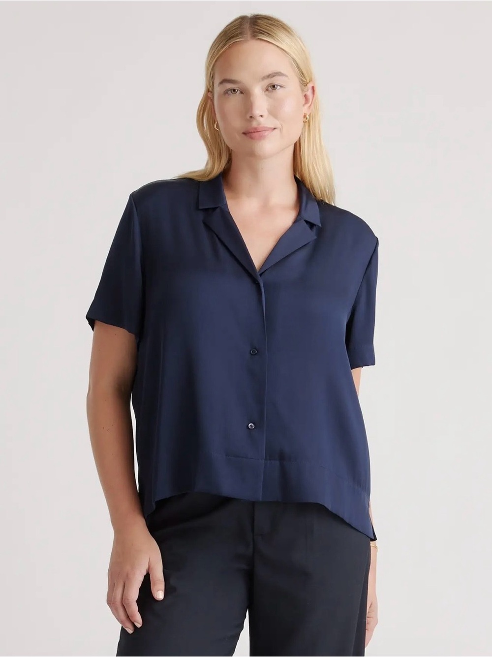Quince Washable Stretch Silk Notch Collar Short Sleeve Blouse Size L